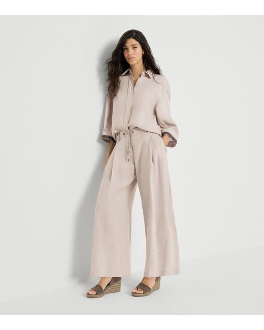 Brunello Cucinelli Natural Linen Drawstring Wide-Leg Trousers