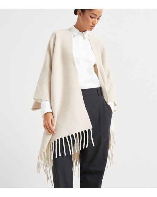 Brunello Cucinelli White Wool-Cashmere Reversible Poncho