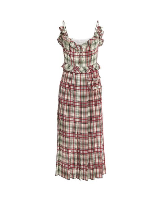 Alessandra Rich Purple Silk Check Ruffled Midi Dress