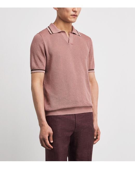 Isaia Pink Silk-Linen Open-Collar Polo Shirt for men