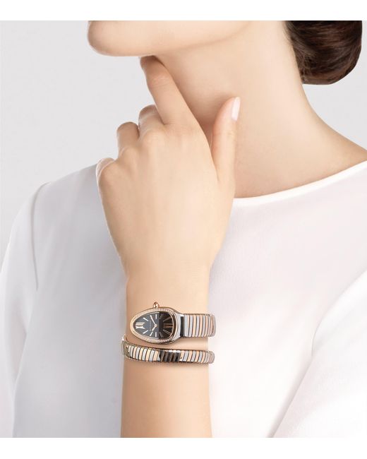 BVLGARI Metallic Stainless Steel, Rose And Diamond Serpenti Tubogas Watch