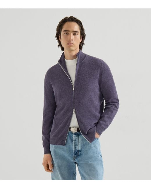 Brunello Cucinelli Blue Cashmere High-Neck Cardigan for men