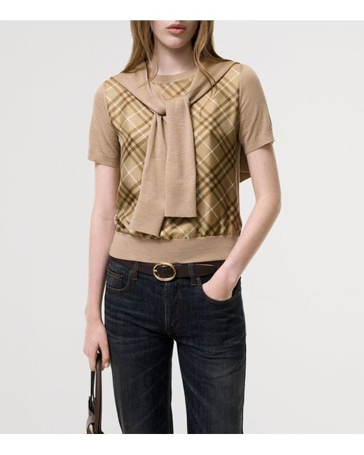 Burberry Natural Wool-Silk Check Panel T-Shirt