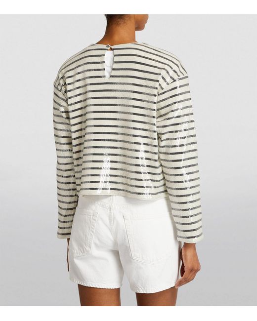 FRAME White Sequin-embellished Striped T-shirt