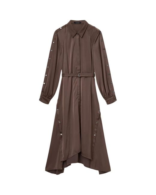 AllSaints Brown Satin Lexi Midi Shirt Dress