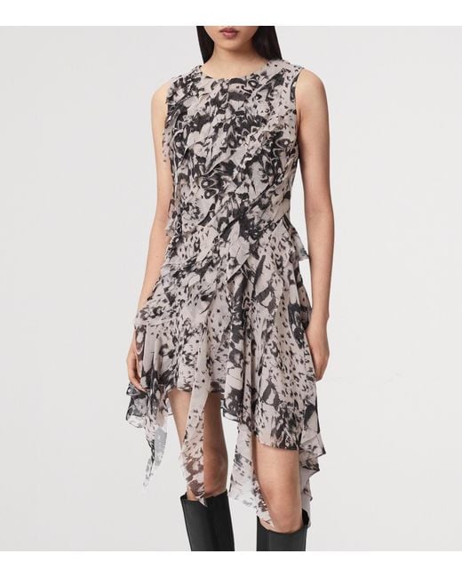 AllSaints White Ruffled Asymmetric Angie Midi Dress