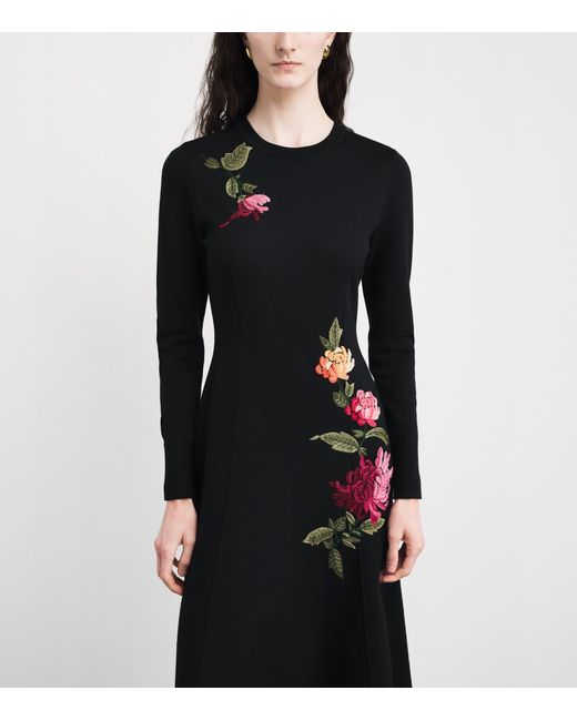 Carolina Herrera Black Virgin Wool-Silk Floral Embroidered Midi Dress