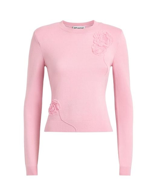 Self-Portrait Pink Flower Appliqué Sweater