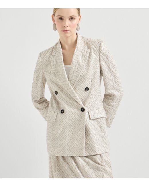 Brunello Cucinelli Natural Linen Chevron Double-Breasted Blazer