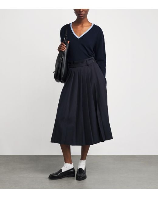 Sandro Blue Wool-Blend Pleated Midi Skirt