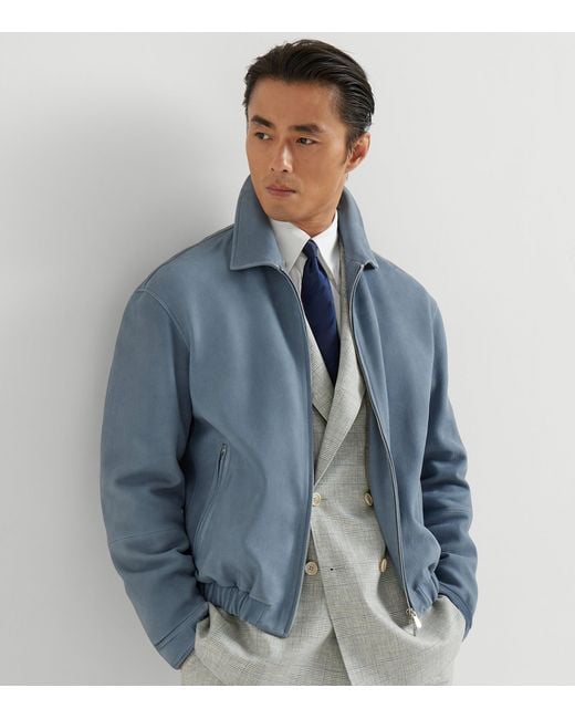 Brunello Cucinelli Blue Nubuck Leather Zip-Up Jacket for men