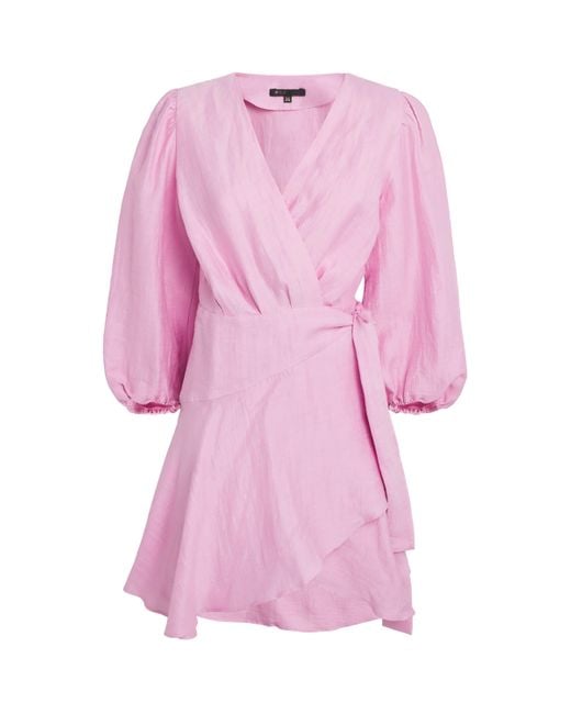 Maje Pink Linen-Blend Wrap Mini Dress