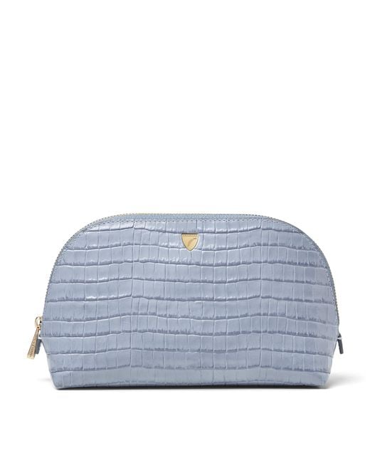 Aspinal Blue Small Leather Croc-Embossed Cosmetic Case
