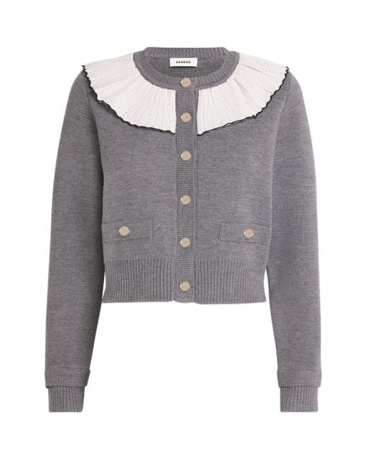 Sandro Gray Wool-Blend Ruffle-Collar Cardigan