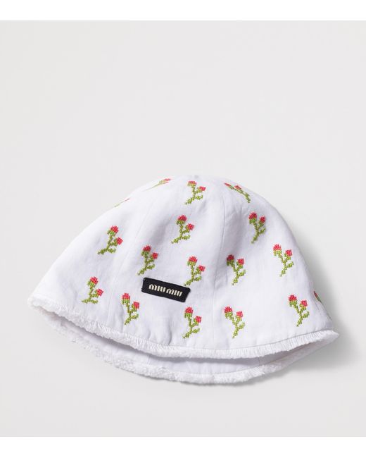 Miu Miu White Flax Embroidered Hat