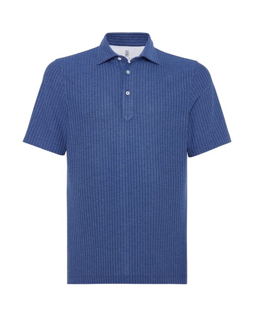 Brunello Cucinelli Blue Cotton And Silk Textured Polo Shirt for men