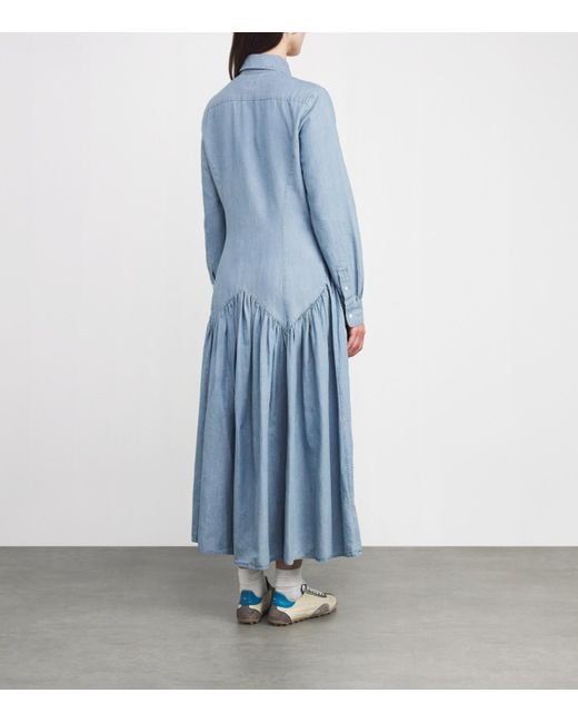 Polo Ralph Lauren Blue Cotton-Linen Midi Shirt Dress
