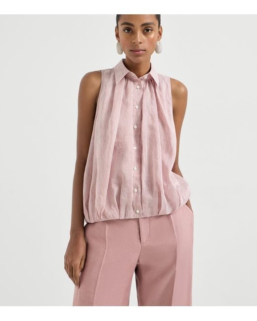 Brunello Cucinelli Pink Linen-Silk Stripe Sleeveless Shirt