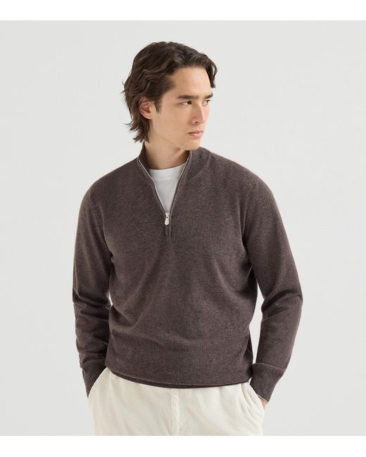 Brunello Cucinelli Brown Cashmere Quarter-Zip Sweater for men
