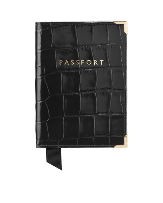 Aspinal Black Croc-Embossed Passport Cover for men