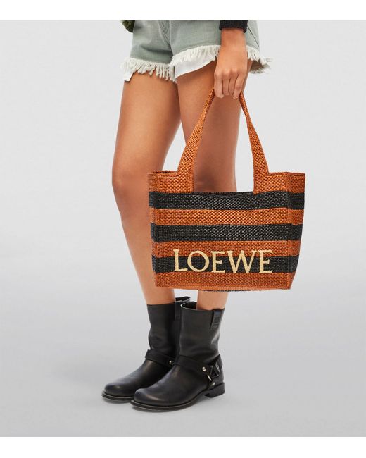 Loewe Black X Paula's Ibiza Medium Raffia Striped Font Tote Bag