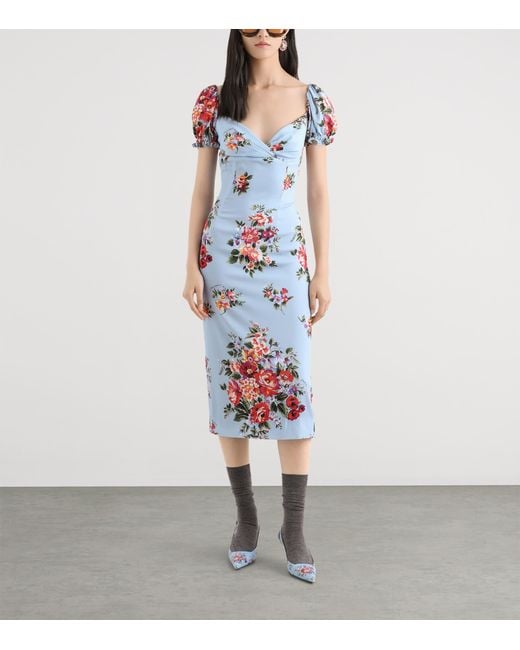 Dolce & Gabbana Blue Silk-Blend Bouquet Print Midi Dress
