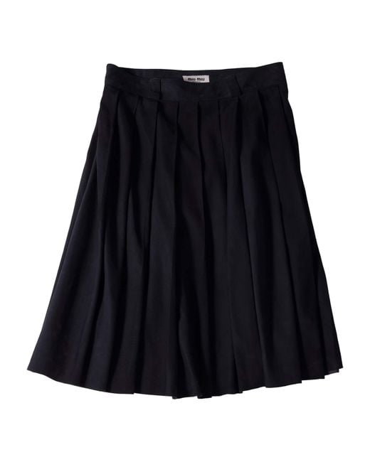 Miu Miu Black Waxed Suede Pleated Midi Skirt