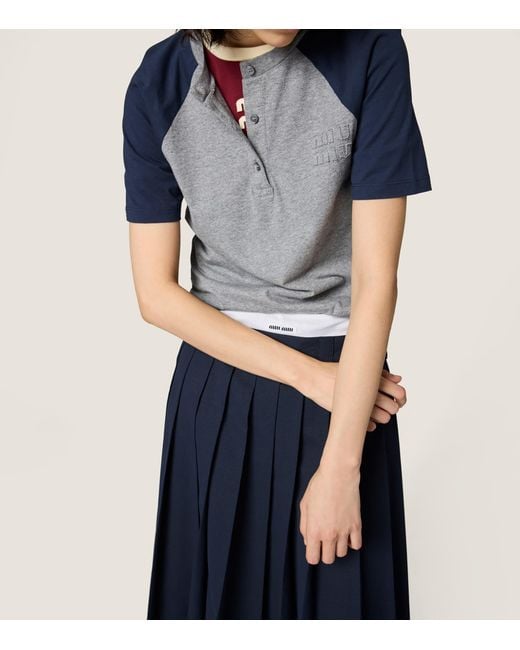 Miu Miu Blue Cotton Jersey Henley T-Shirt