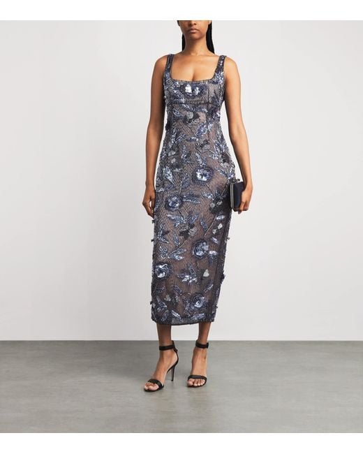 Rachel Gilbert Blue Embellished Pierre Midi Dress