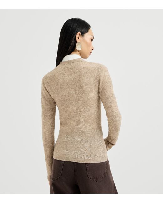 Brunello Cucinelli Natural Silk-Alpaca-Wool Lace-Detail Sweater