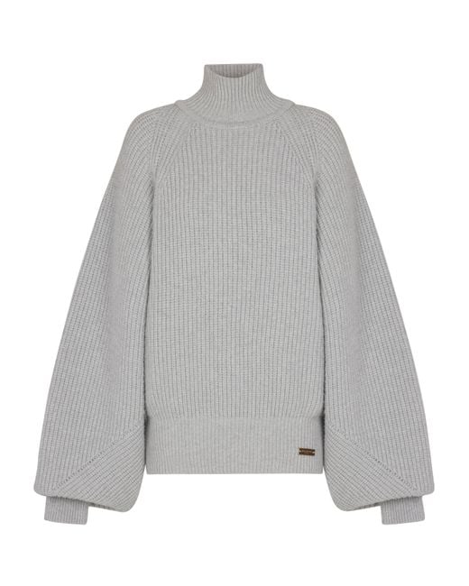 Balmain Gray Wool High-Neck Sweater
