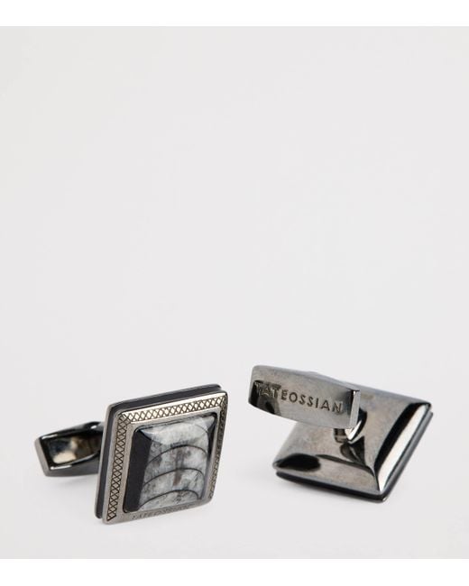 Tateossian Gray Square Engraved Enamel Cufflinks for men