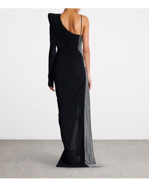 Balmain Black Draped Asymmetrical Two-Material Dress