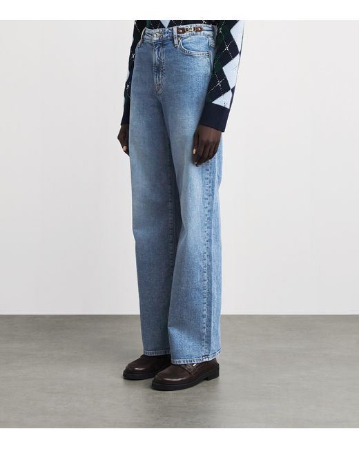 Maje Blue Leather Buckle Wide-Leg Jeans