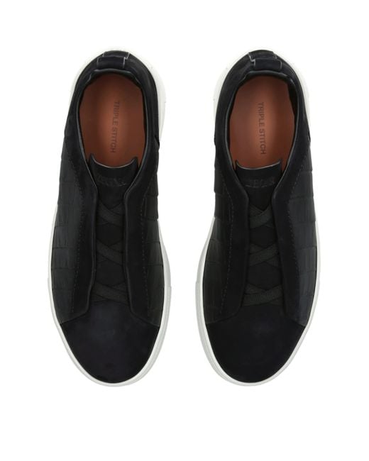 Zegna Black Crocodile Leather Triple Stitch Secondskin Sneakers for men