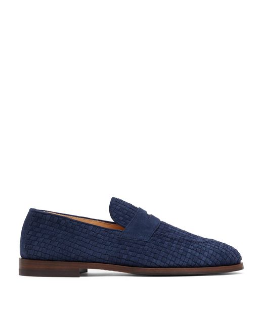Brunello Cucinelli Blue Suede Woven Penny Loafers for men