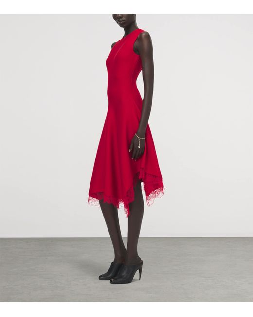 McQueen Red Lace-Hem Sleeveless Midi Dress