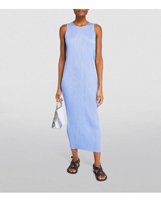 Pleats Please Issey Miyake Blue Sleeveless Pleated Maxi Basics Dress