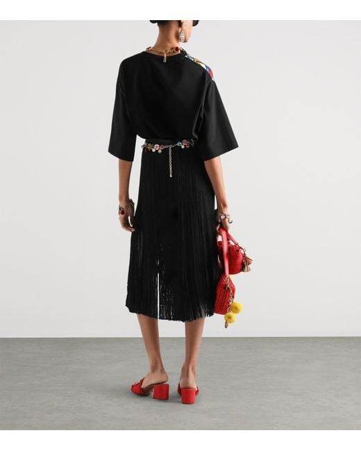 Dolce & Gabbana Black Satin Fringe Midi Skirt