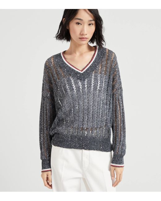 Brunello Cucinelli Gray Linen-Blend Open Knit Sweater