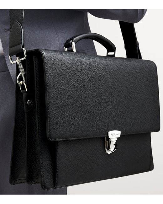 Aspinal Black Leather City Laptop Briefcase for men