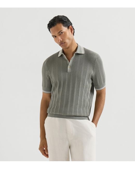 Brunello Cucinelli Gray Cotton Rib-Knit Polo Shirt for men
