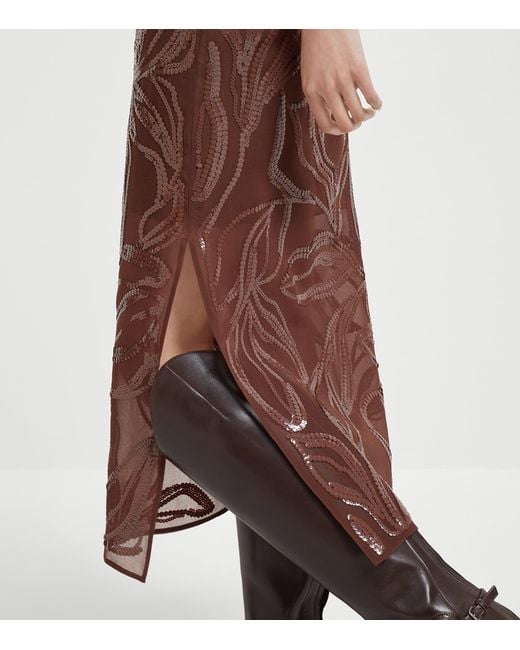 Brunello Cucinelli Brown Silk Embellished Midi Skirt