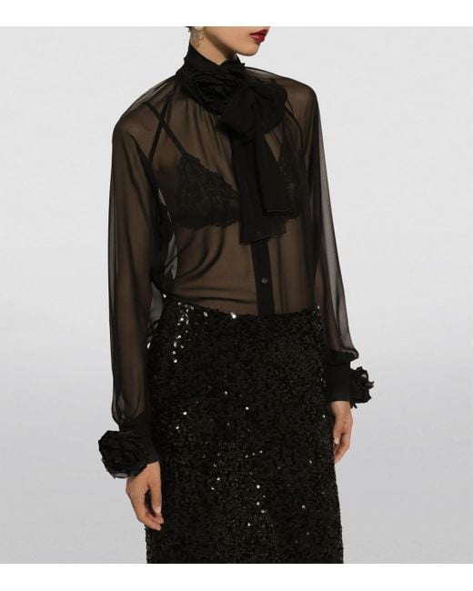 Dolce & Gabbana Black Silk Flower-Detail Blouse