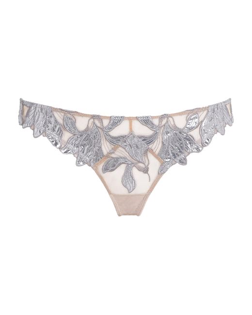 Fleur du Mal White Foil Lily Embroidery Thong