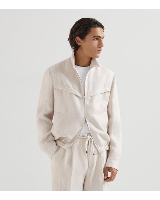 Brunello Cucinelli White Linen Pinstripe Bomber Jacket for men