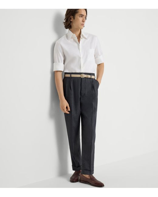 Brunello Cucinelli Black Linen-Wool Chevron Tailored Trousers for men
