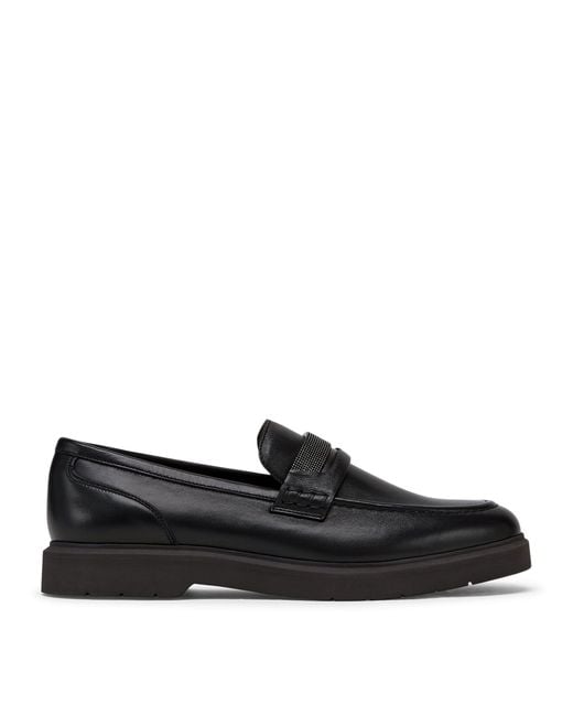 Brunello Cucinelli Black Leather Monili Penny Loafers