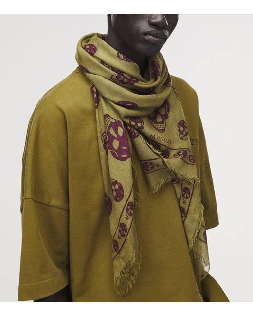McQueen Green Modal-Silk Skull Scarf for men