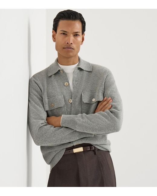 Brunello Cucinelli Gray Cashmere Knitted Over Shirt Cardigan for men
